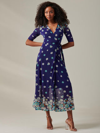 Stella Floral Print Wrap Mesh Maxi Dress, Navy Floral