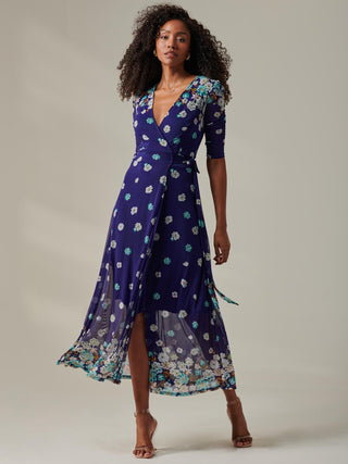 Stella Floral Print Wrap Mesh Maxi Dress, Navy Floral