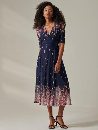 Stella Floral Print Wrap Mesh Maxi Dress, Navy Pink Multi