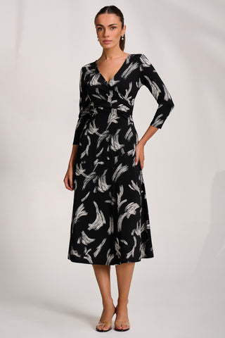 Fit and Flare Jersey Midi Dress, Black Abstract