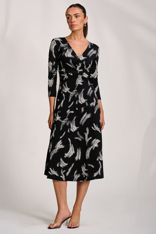 Fit and Flare Jersey Midi Dress, Black Abstract