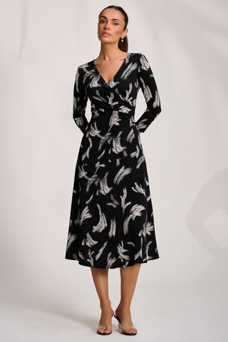 Fit and Flare Jersey Midi Dress, Black Abstract