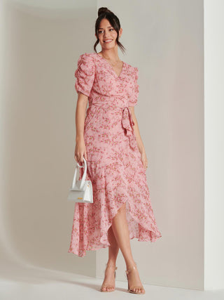 Print Metallic textured Chiffon Maxi Dress, Pink Multi
