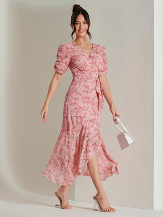 Print Metallic textured Chiffon Maxi Dress, Pink Multi