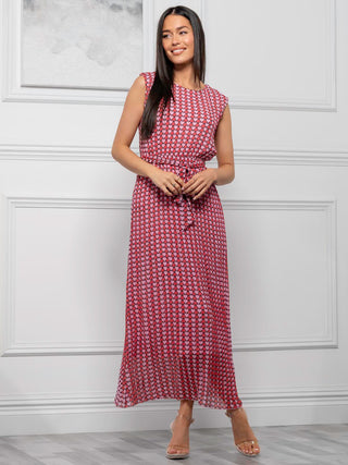 Heart Print Pleated Chiffon Maxi Dress, Pink Multi