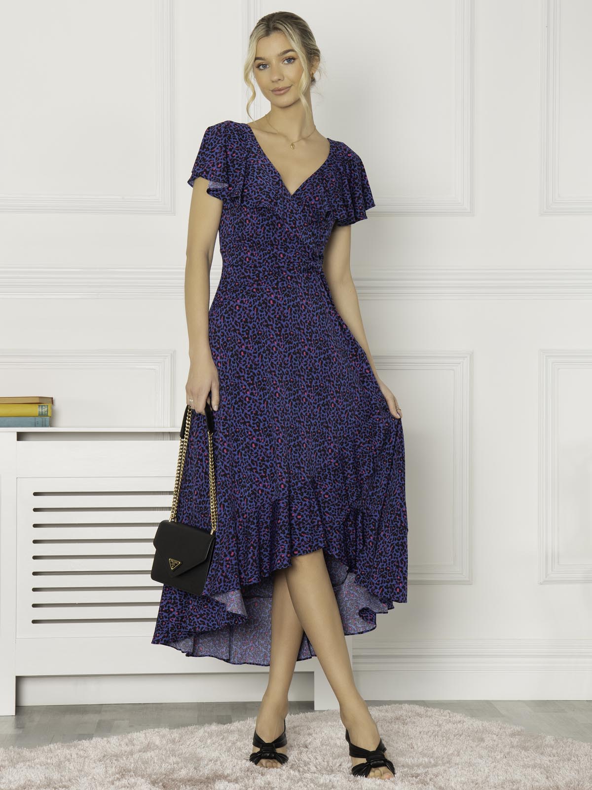 Luciana Frilly Dip Leopard Maxi Dress, Blue