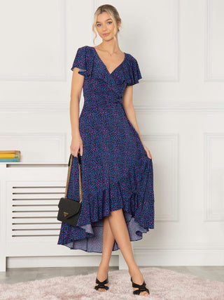 Luciana Frilly Dip Leopard Maxi Dress, Blue