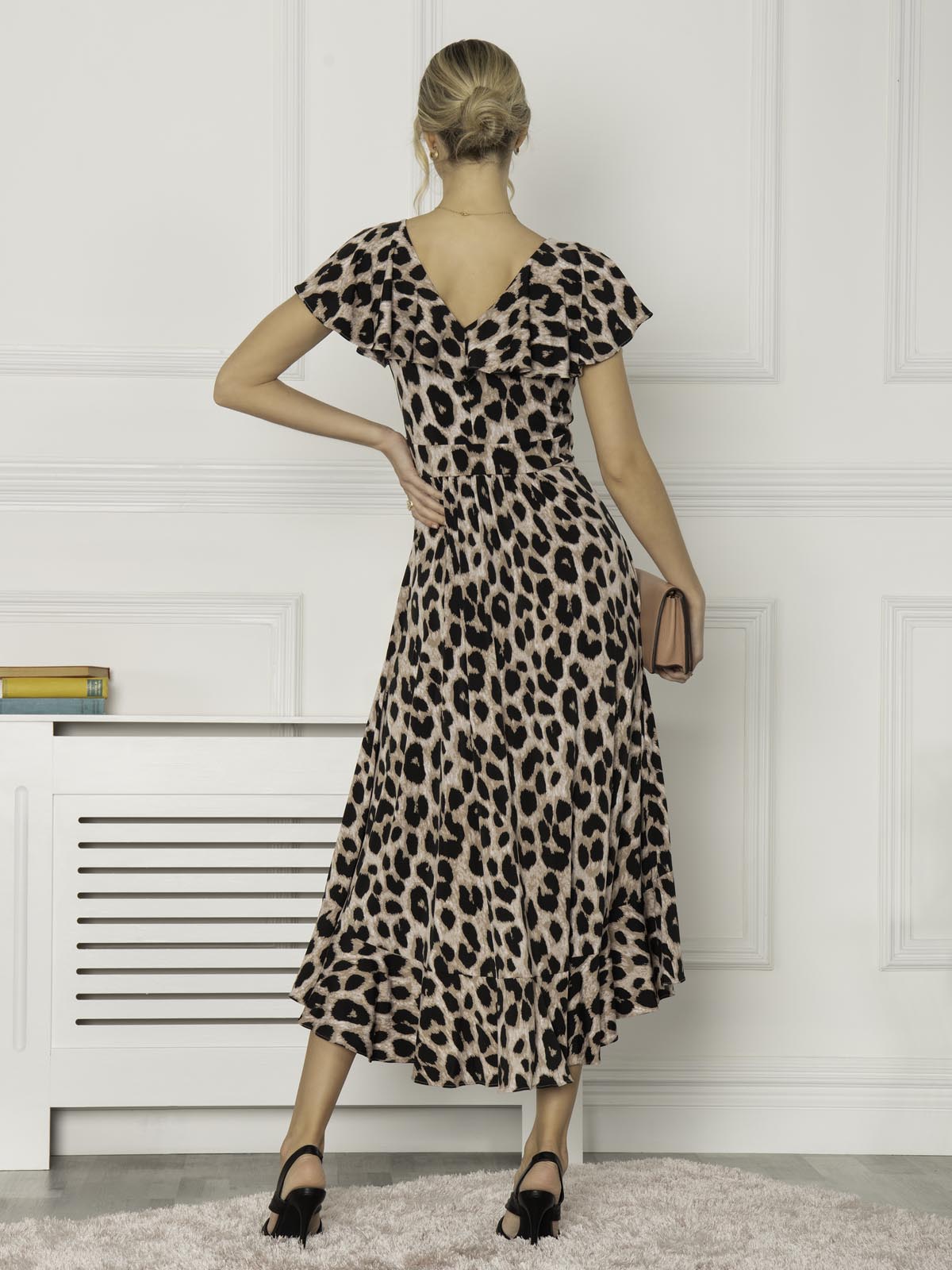 Luciana Frilly Dip Leopard Maxi Dress, Pink Animal