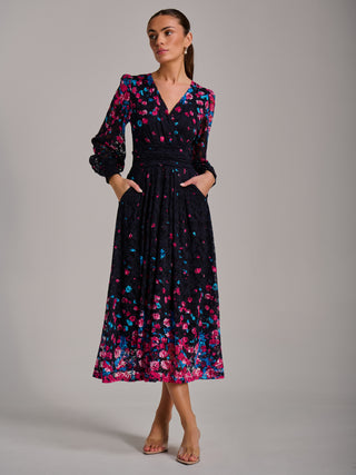 Long Sleeve Print Lace Maxi Dress, Pink Multi