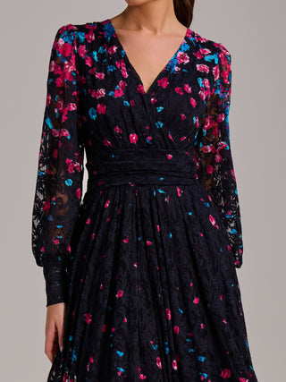 Long Sleeve Print Lace Maxi Dress, Pink Multi