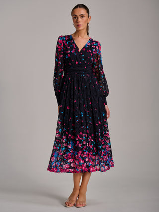 Long Sleeve Print Lace Maxi Dress, Pink Multi