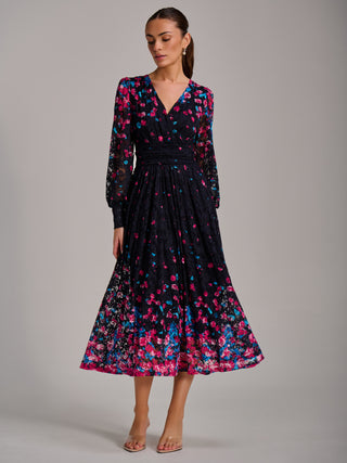 Long Sleeve Print Lace Maxi Dress, Pink Multi