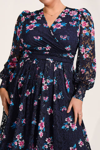 Long Sleeve Printed Lace Maxi Dress, Navy Pink Floral
