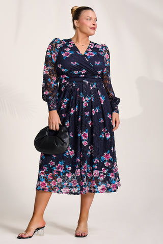 Long Sleeve Printed Lace Maxi Dress, Navy Pink Floral