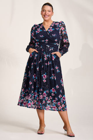 Long Sleeve Printed Lace Maxi Dress, Navy Pink Floral