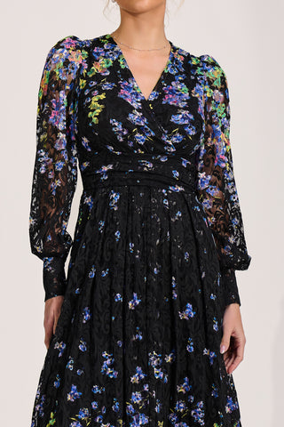 Long Sleeve Printed Lace Maxi Dress, Blue Multi