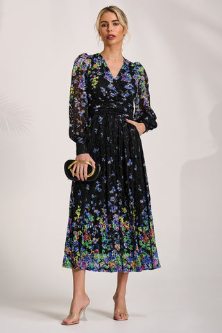 Long Sleeve Printed Lace Maxi Dress, Blue Multi