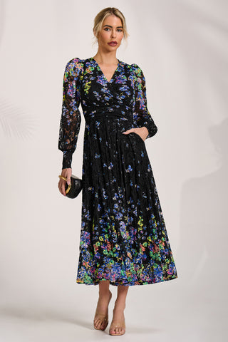 Long Sleeve Printed Lace Maxi Dress, Blue Multi