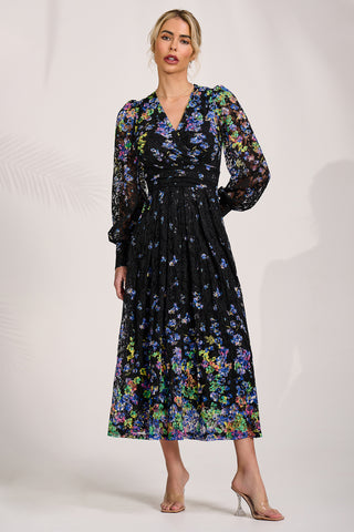 Long Sleeve Printed Lace Maxi Dress, Blue Multi