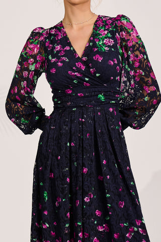 Long Sleeve Printed Lace Maxi Dress, Fuchsia Floral