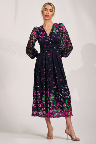 Long Sleeve Printed Lace Maxi Dress, Fuchsia Floral