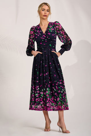 Long Sleeve Printed Lace Maxi Dress, Fuchsia Floral