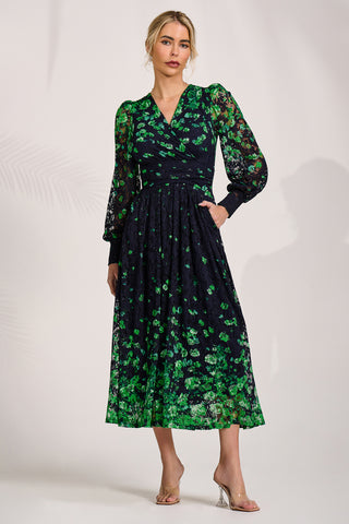 Long Sleeve Printed Lace Maxi Dress, Green Floral