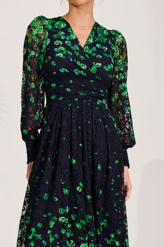 Long Sleeve Printed Lace Maxi Dress, Green Floral