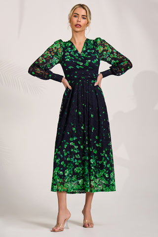 Long Sleeve Printed Lace Maxi Dress, Green Floral
