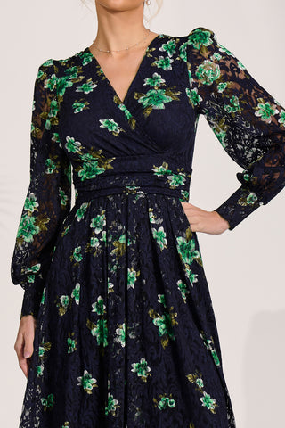 Long Sleeve Printed Lace Maxi Dress, Navy Floral