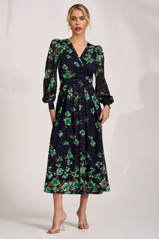 Long Sleeve Printed Lace Maxi Dress, Navy Floral