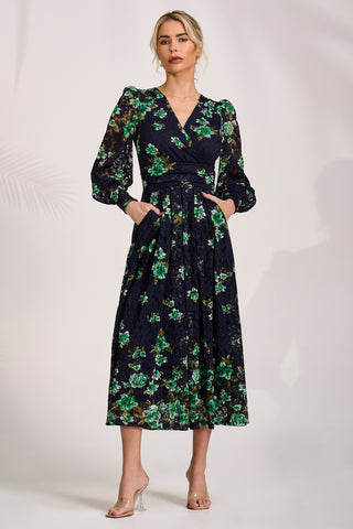 Long Sleeve Printed Lace Maxi Dress, Navy Floral