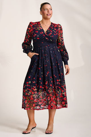 Long Sleeve Printed Lace Maxi Dress, Red Floral
