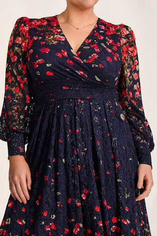 Long Sleeve Printed Lace Maxi Dress, Red Floral