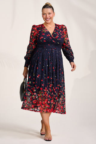 Long Sleeve Printed Lace Maxi Dress, Red Floral
