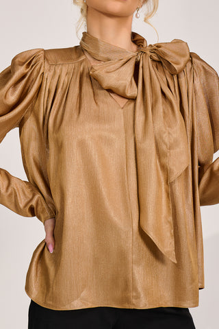 Bow Neck Puff Sleeve Satin Blouse, Golden Mocha