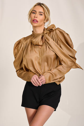 Bow Neck Puff Sleeve Satin Blouse, Golden Mocha