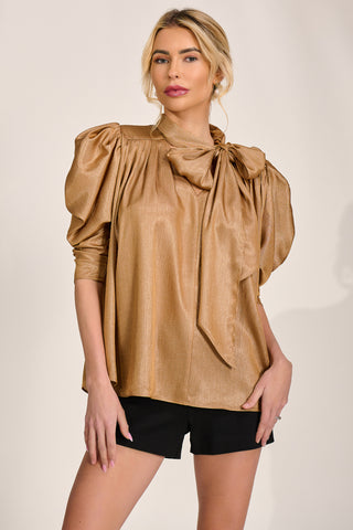 Bow Neck Puff Sleeve Satin Blouse, Golden Mocha