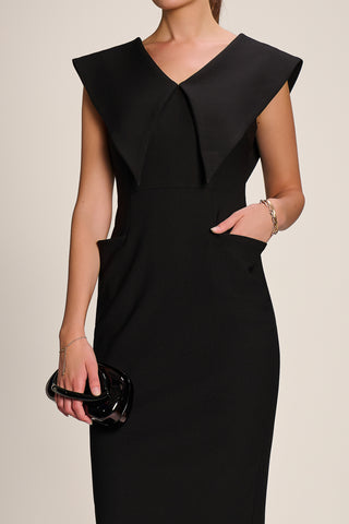 Statement Collar Hourglass Midi Dress, Black