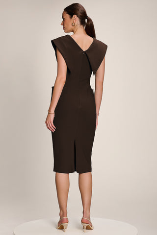 Statement Collar Hourglass Midi Dress, Chocolate Brown