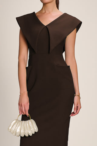 Statement Collar Hourglass Midi Dress, Chocolate Brown