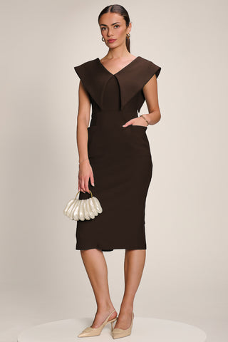 Statement Collar Hourglass Midi Dress, Chocolate Brown