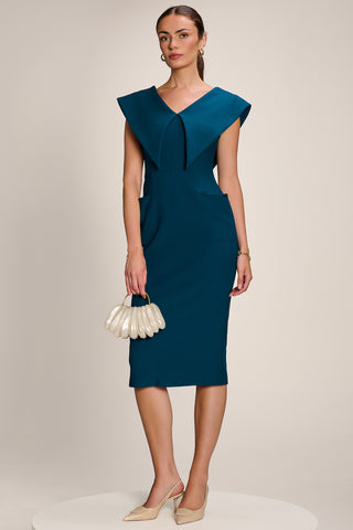 Statement Collar Hourglass Midi Dress, Dark Teal