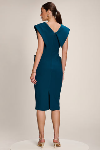 Statement Collar Hourglass Midi Dress, Dark Teal