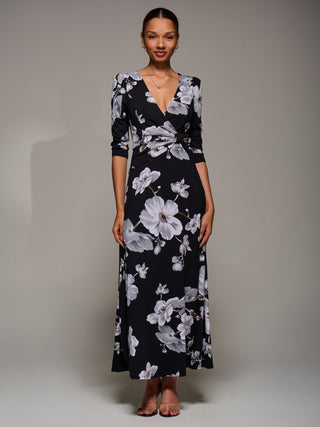 Jersey Ruched Waist Fit & Flare Maxi Dress, Black Floral