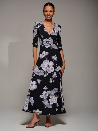 Jersey Ruched Waist Fit & Flare Maxi Dress, Black Floral