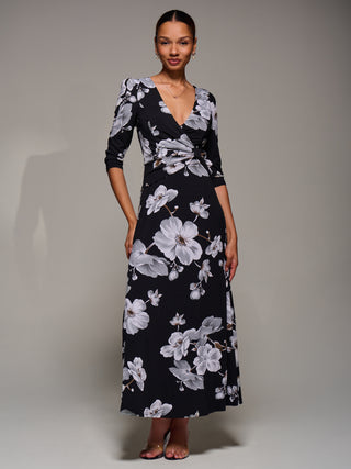 Jersey Ruched Waist Fit & Flare Maxi Dress, Black Floral