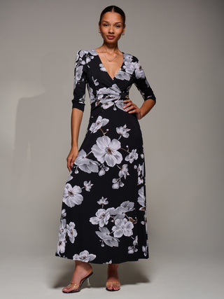 Jersey Ruched Waist Fit & Flare Maxi Dress, Black Floral