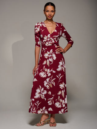 Jersey Ruched Waist Fit & Flare Maxi Dress, Burgundy Floral