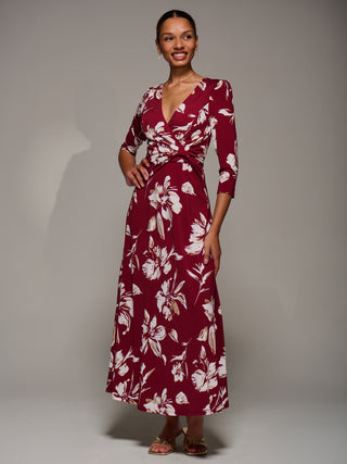 Jersey Ruched Waist Fit & Flare Maxi Dress, Burgundy Floral